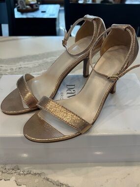 David's Bridal Metallic Rose Gold Ankle-Strap Heels